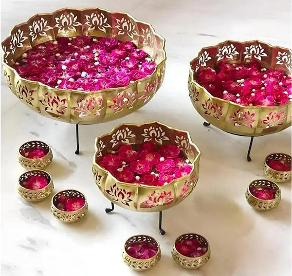 Elegant  Lotus Urli Bowl With Stand - Set of 10 pcs