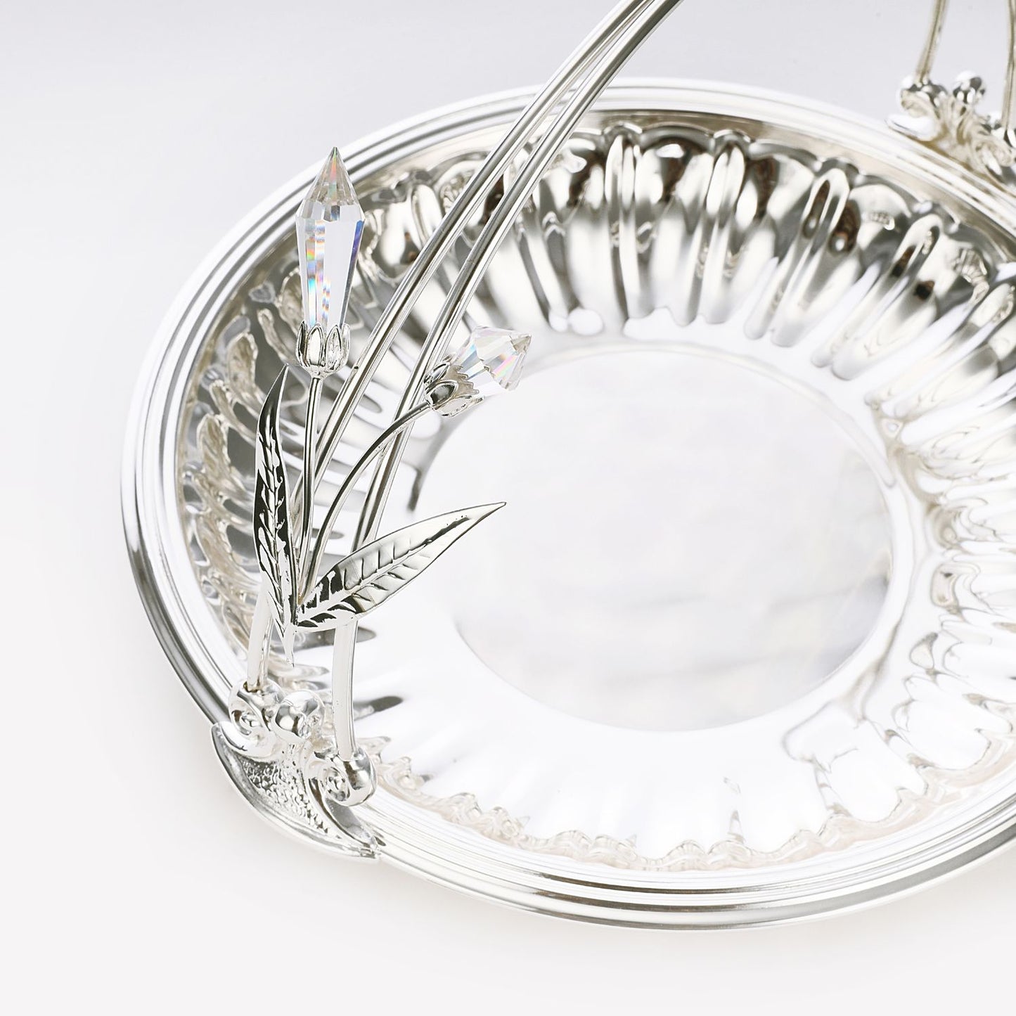 Silver Plated Flat Basket With Crystal Handle