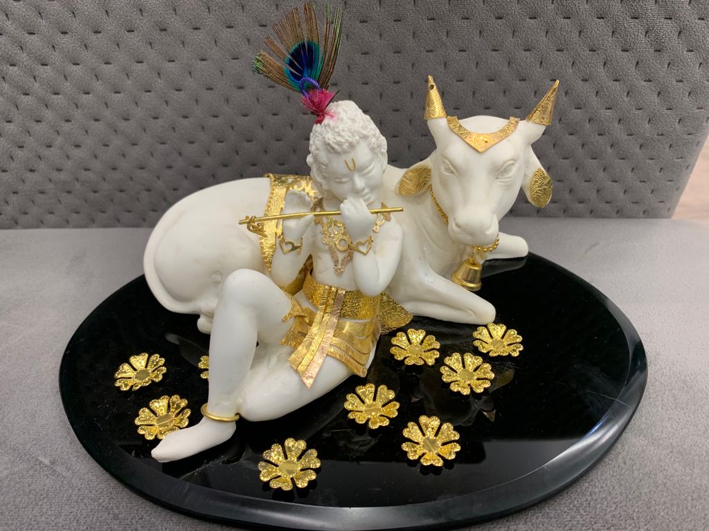 Krishna With Cow On Glass